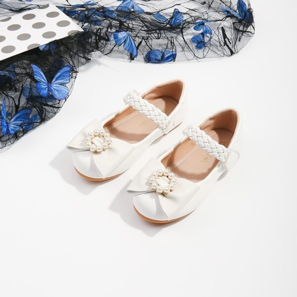 

Girls Faux Pearl & Bow Decor Ballet Flats, White