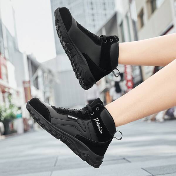

Letter Graphic Stitch Detail Lace-up Front Sneakers, Black