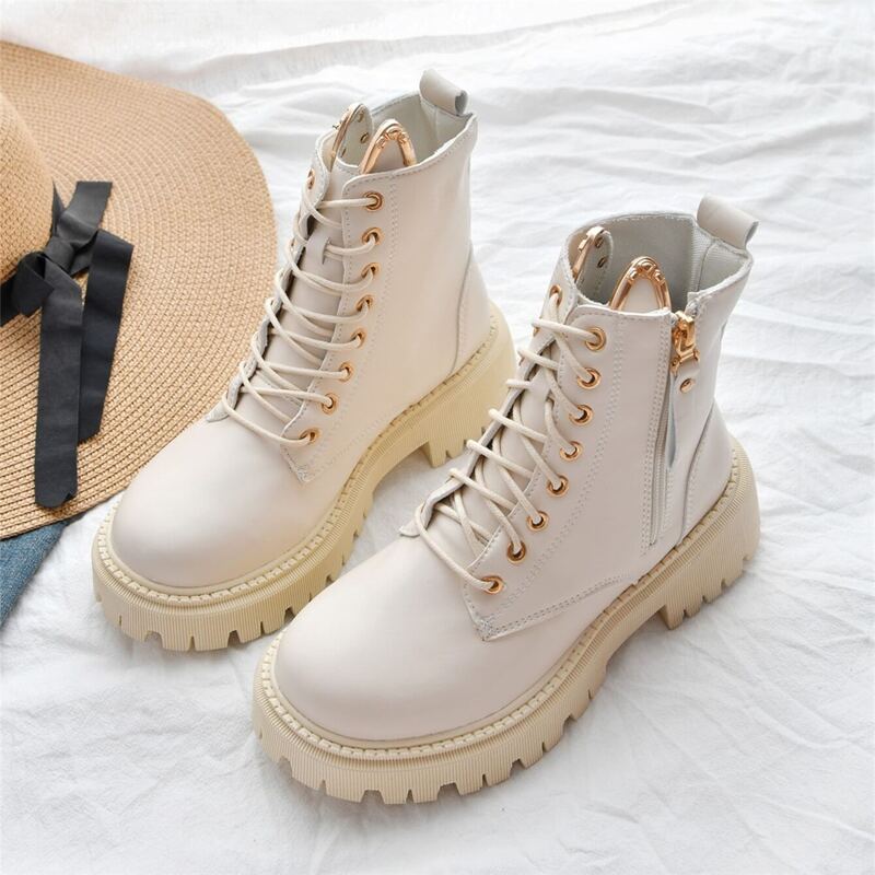 

Ear Decor Lace Up Front Combat Boots, Beige