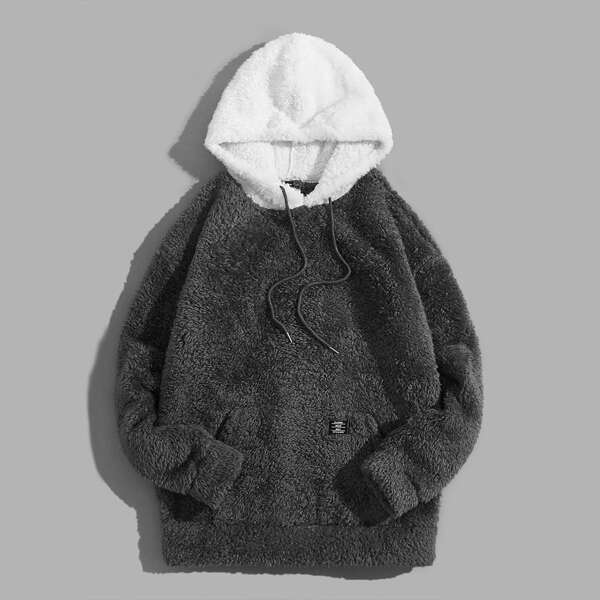 

Men Patch Detail Drawstring Fleece Hoodie, Black