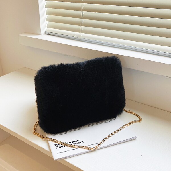 

Fluffy Chain Square Bag, Black