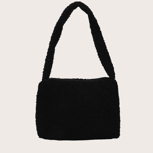 

Fluffy Zip Shoulder Square Bag, Black