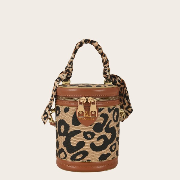 

Letter Patch Leopard Pattern Twilly Scarf Decor Bucket Bag, Multicolor