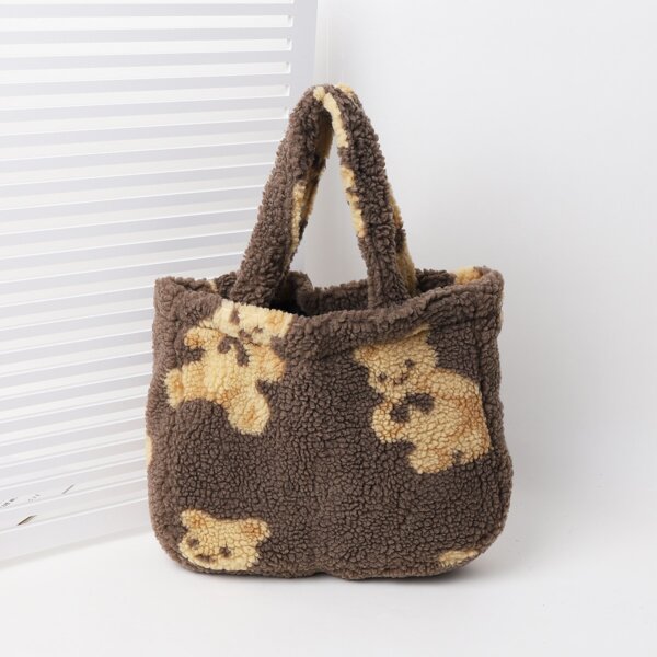 

Girls Fluffy Cartoon Graphic Bucket Bag, Coffee brown