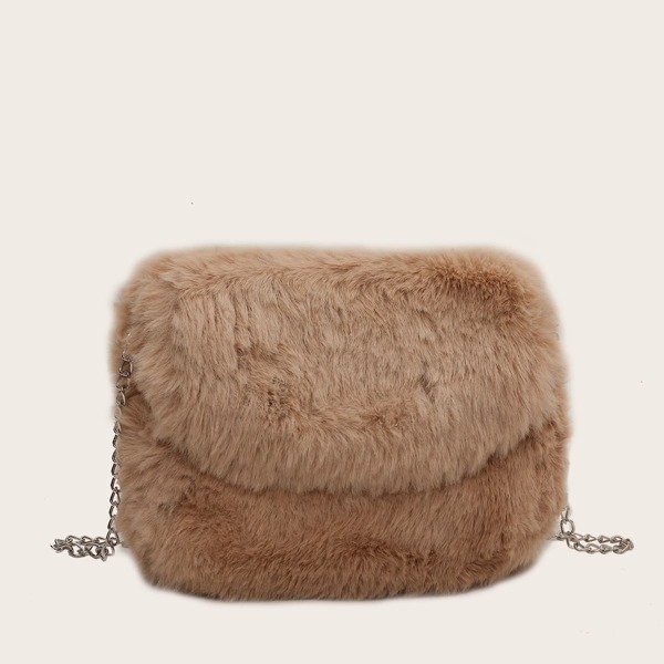

Minimalist Flap Fluffy Crossbody Bag, Khaki