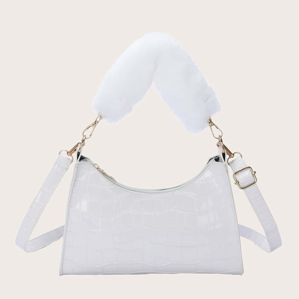 

Crocodile Embossed Fluffy Handle Baguette Bag, White