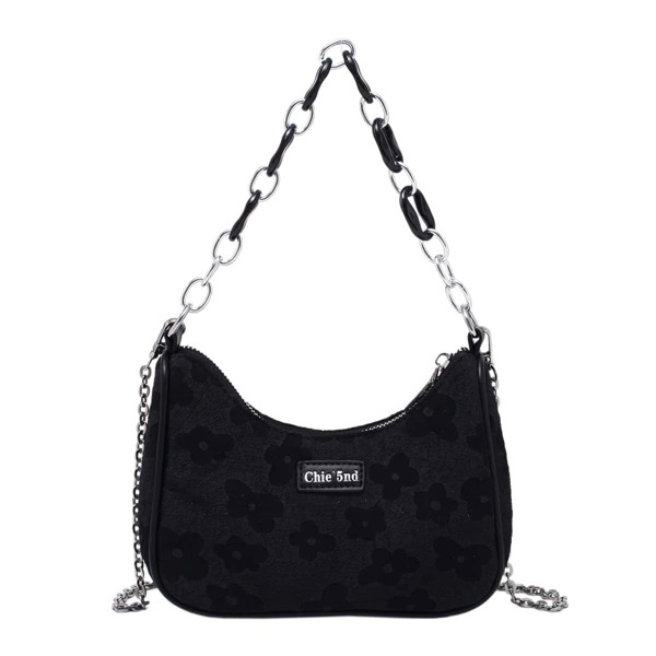 

Letter Patch Floral Graphic Baguette Bag, Black