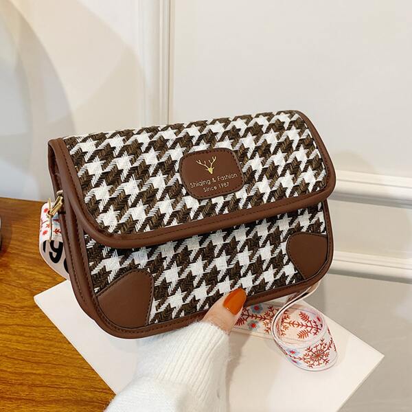 

Houndstooth Pattern Letter Patch Square Bag, Multicolor