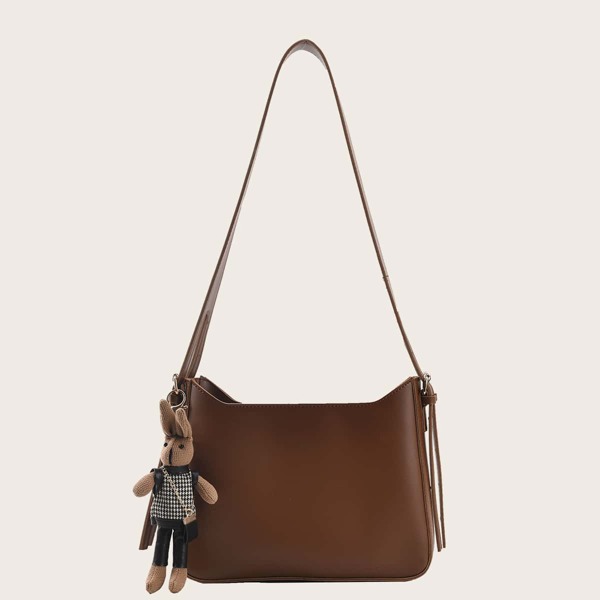 

Minimalist Square Bag With Rabbit Charm, Coffee brown