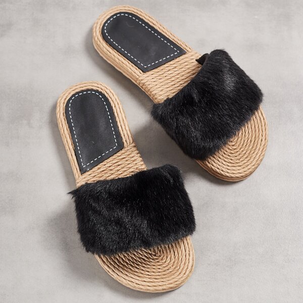 

Fluffy Strap Espadrille Slides, Black
