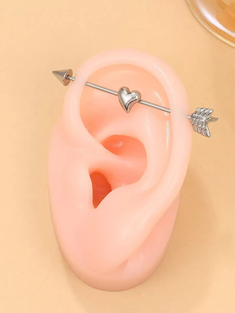 1 件朋克不锈钢心形穿孔耳钉耳环，时尚珠宝 - 銀色 - 查看 1
