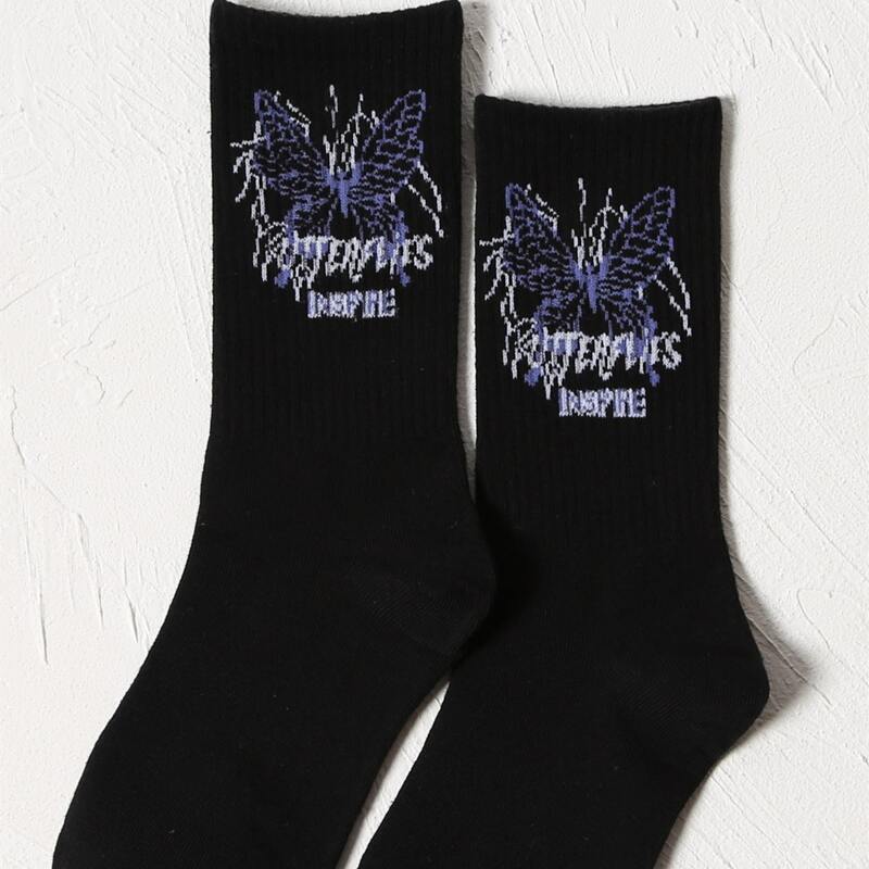

Butterfly Print Crew Socks, Black
