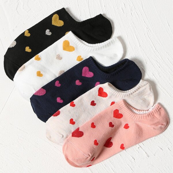 

5pairs Heart Print Socks, Multicolor