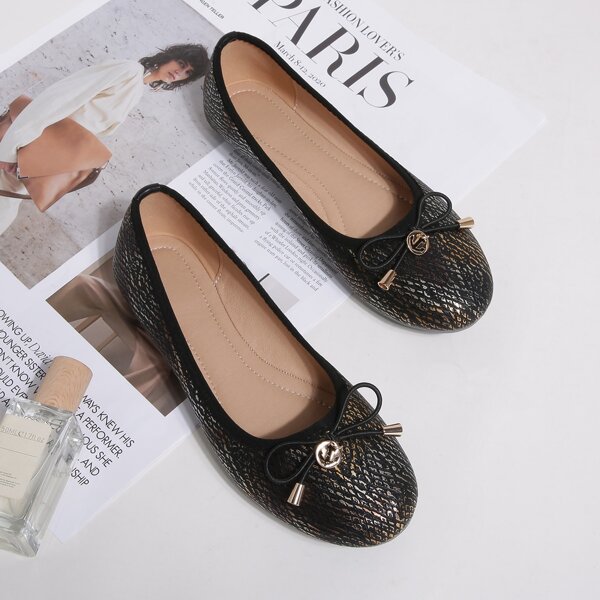 

Metallic Bow Decor Flats, Black
