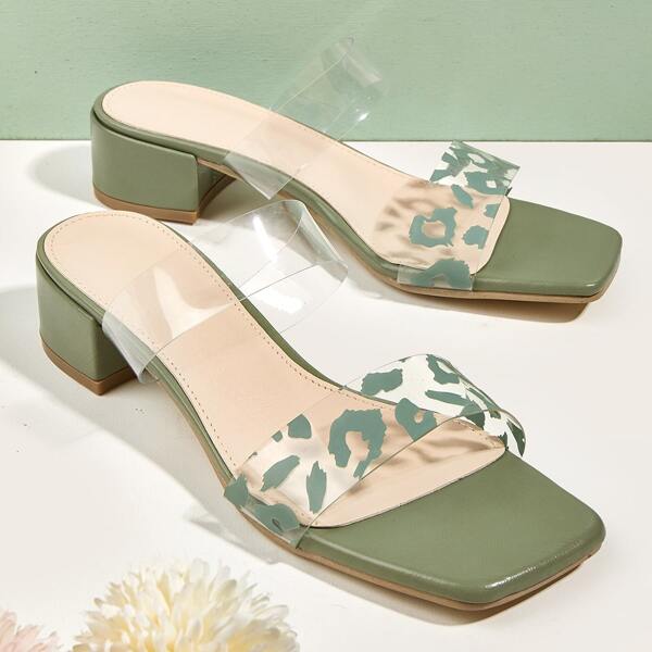 

Two Band Square Toe Chunky Heeled Sandals, Mint green