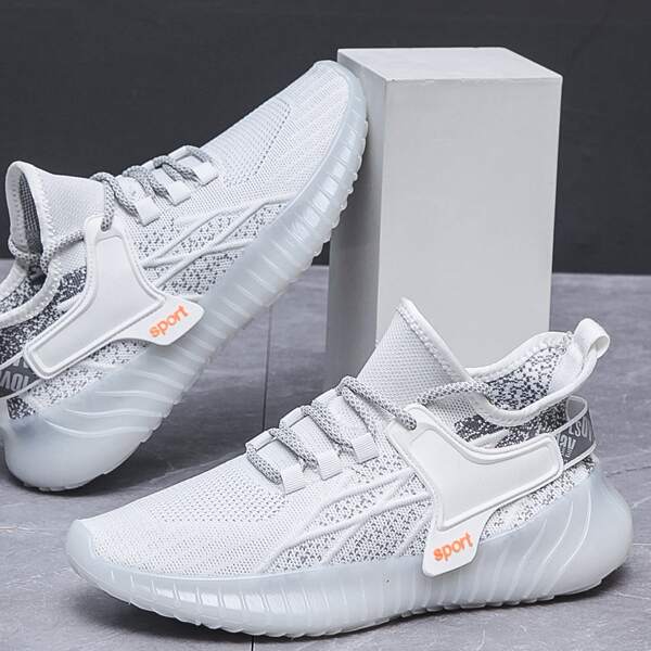 

Men Letter Tab Decor High Top Knit Running Shoes, White