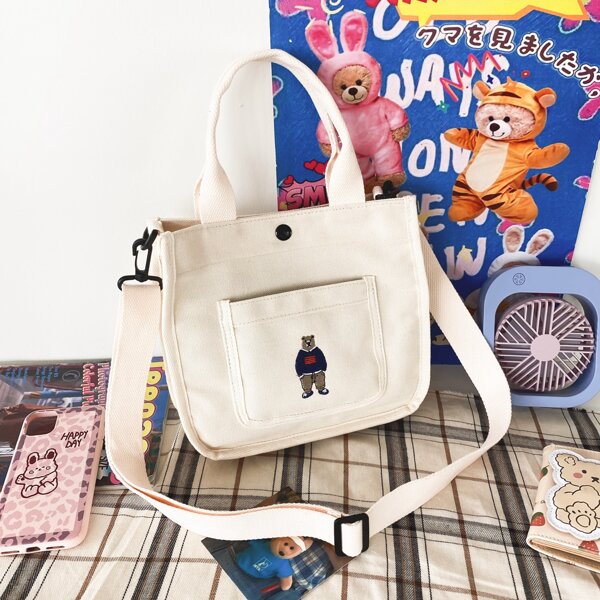 

Girls Cartoon Graphic Pocket Front Square Bag, Beige