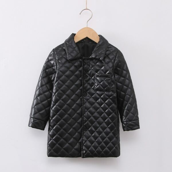 

Toddler Girls Patched Pocket Single Breasted PU Coat, Black