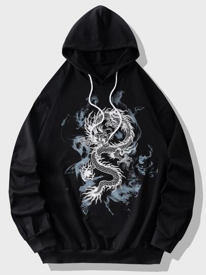 Manfinity Men Chinese Dragon Graphic Drawstring Hoodie