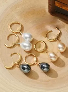 3pairs Faux Pearl Charm Earrings - Multicolor - View 2