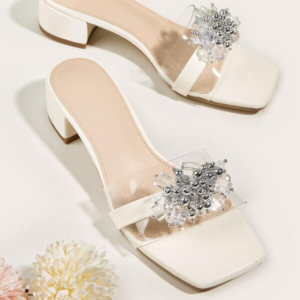 

Rhinestone Decor Square Toe Chunky Heeled Mules, Beige