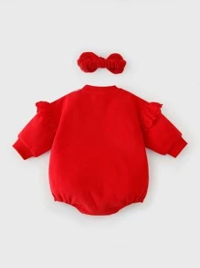 Peninsula Baby 嬰兒愛心和標語圖案網眼刺繡荷葉邊附髮帶連身背心 - 紅色 - 查看 2