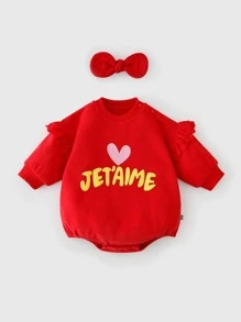 Peninsula Baby 嬰兒愛心和標語圖案網眼刺繡荷葉邊附髮帶連身背心 - 紅色 - 查看 3