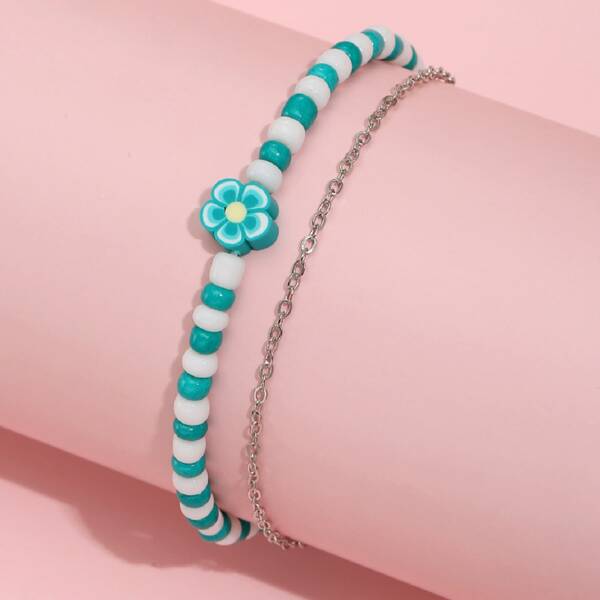 

Flower Decor Beaded Layered Bracelet, Multicolor