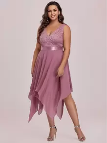 EVERPRETTY Plus Contrast Lace Asymmetrical Hem Party Dress - Dusty Pink - View 6