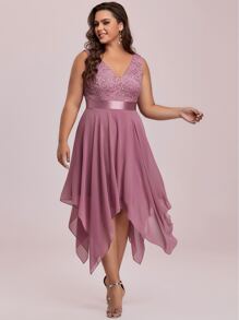 EVERPRETTY Plus Contrast Lace Asymmetrical Hem Party Dress - Dusty Pink - View 7