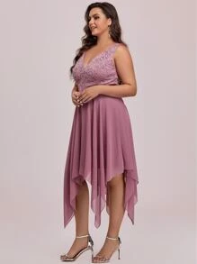EVERPRETTY Plus Contrast Lace Asymmetrical Hem Party Dress - Dusty Pink - View 8