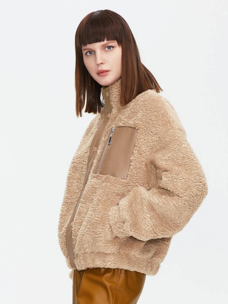 ZIAI Zip Pocket Drop Shoulder Teddy Jacket - Brown - View 3