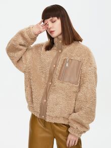 ZIAI Cazadora teddy con bolsillo con cremallera de hombros caídos - Marrón - Ver 4