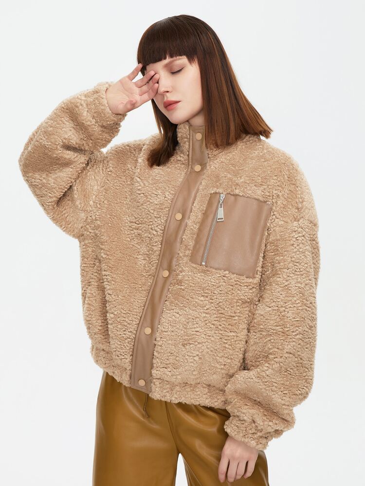 ZIAI Cazadora teddy con bolsillo con cremallera de hombros caídos - Marrón - Añade 4