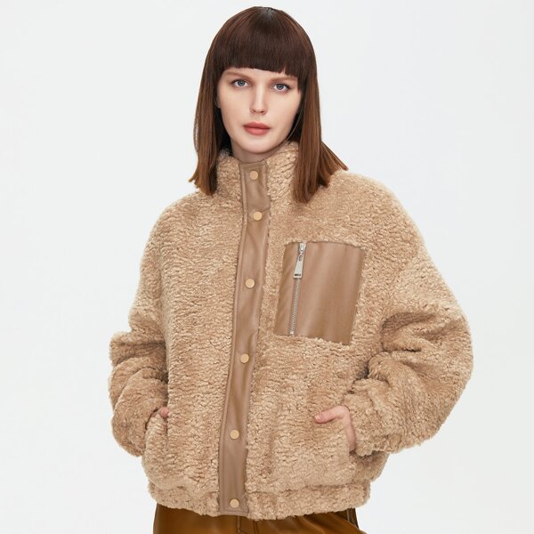 

Zip Pocket Drop Shoulder Teddy Jacket, Brown