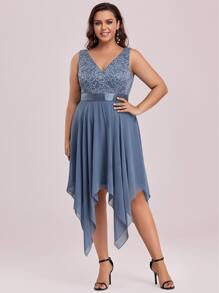 EVERPRETTY Váy dự tiệc viền ren bất đối xứng tương phản - Màu xanh bụi bặm - Xem 6