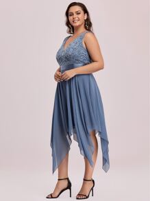 EVERPRETTY Váy dự tiệc viền ren bất đối xứng tương phản - Màu xanh bụi bặm - Xem 7