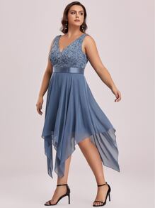 EVERPRETTY Váy dự tiệc viền ren bất đối xứng tương phản - Màu xanh bụi bặm - Xem 8