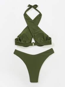 Criss Cross Underwire Bikini Set, For Summer Beach Vacation - Army Green - View 3