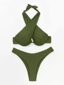 Criss Cross Underwire Bikini Set, For Summer Beach Vacation - Army Green - View 4