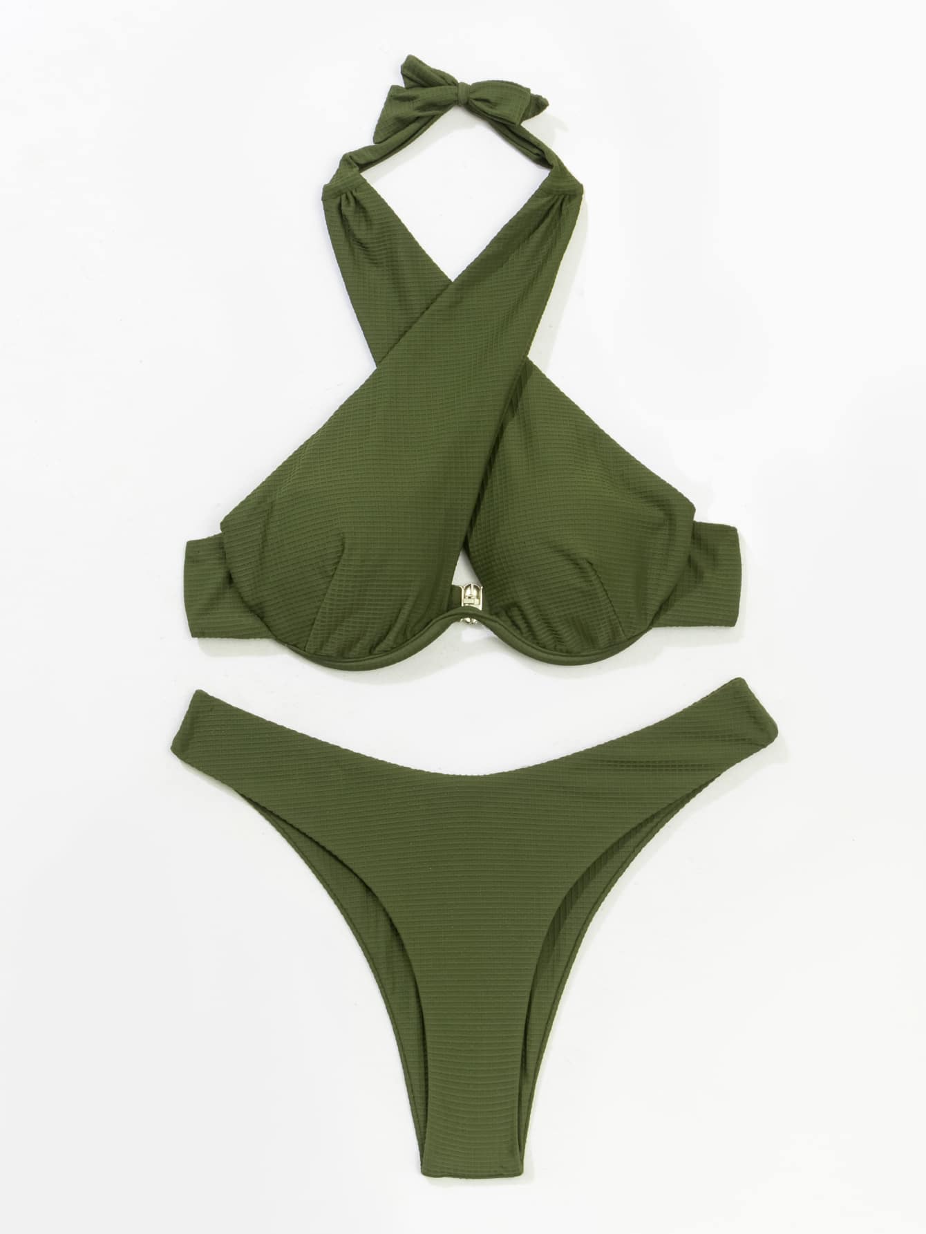 Criss Cross Underwire Bikini Set, For Summer Beach Vacation - Army Green - View 4