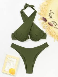 Criss Cross Underwire Bikini Set, For Summer Beach Vacation - Army Green - View 6