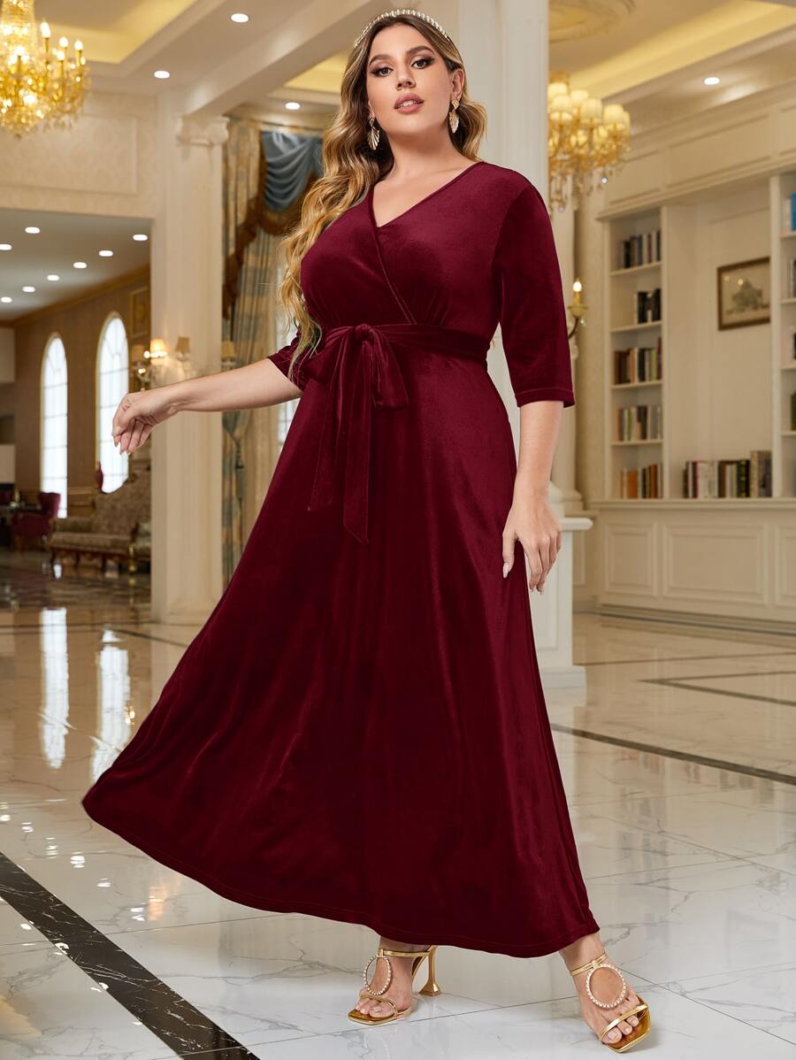 Modelyn Vestido de terciopelo rojo burdeos en talla grande con cinturón - Burdeos - Ver 1