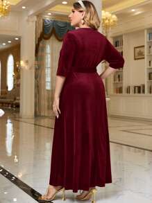 Modelyn Vestido de terciopelo rojo burdeos en talla grande con cinturón - Burdeos - Ver 2
