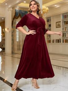 Modelyn Vestido de terciopelo rojo burdeos en talla grande con cinturón - Burdeos - Ver 3