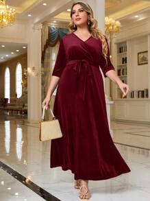 Modelyn Vestido de terciopelo rojo burdeos en talla grande con cinturón - Burdeos - Ver 4