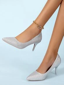 Zapatos de tacón brillante de punta - Plateado - Ver 2