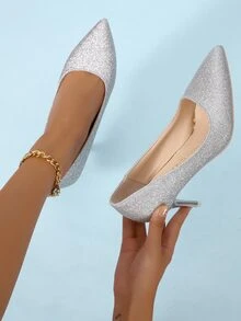 Zapatos de tacón brillante de punta - Plateado - Ver 5