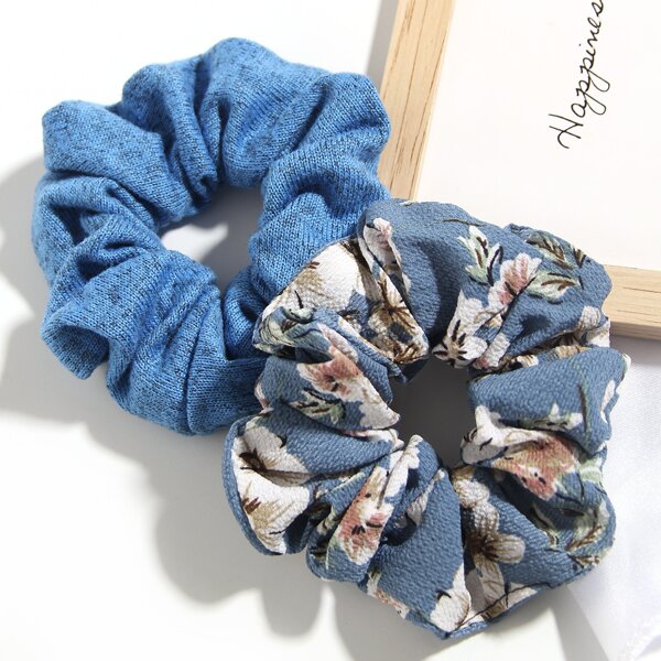 

2pcs Floral Print Scrunchie, Blue