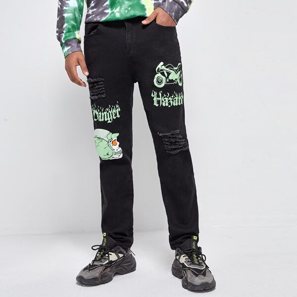

Men Letter & Skull Print Ripped Frayed Jeans, Black
